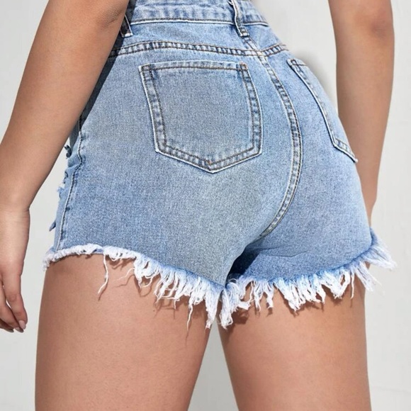 Distressed raw hem ripped high waisted denim jean shorts black - Picture 4 of 8